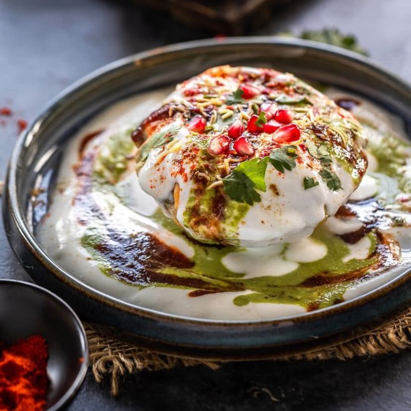 Appetizer dish with chips, sauce drizzled on top, and some nuts on a black plate on a black background